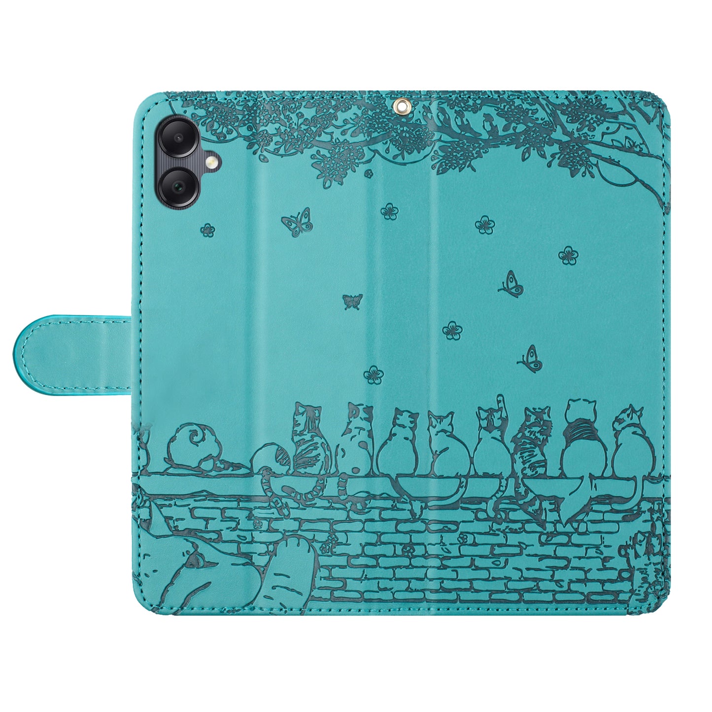 For Samsung Galaxy A06 Case with Wrist Strap Leather Phone Cover Wall Cats Pattern - Blue