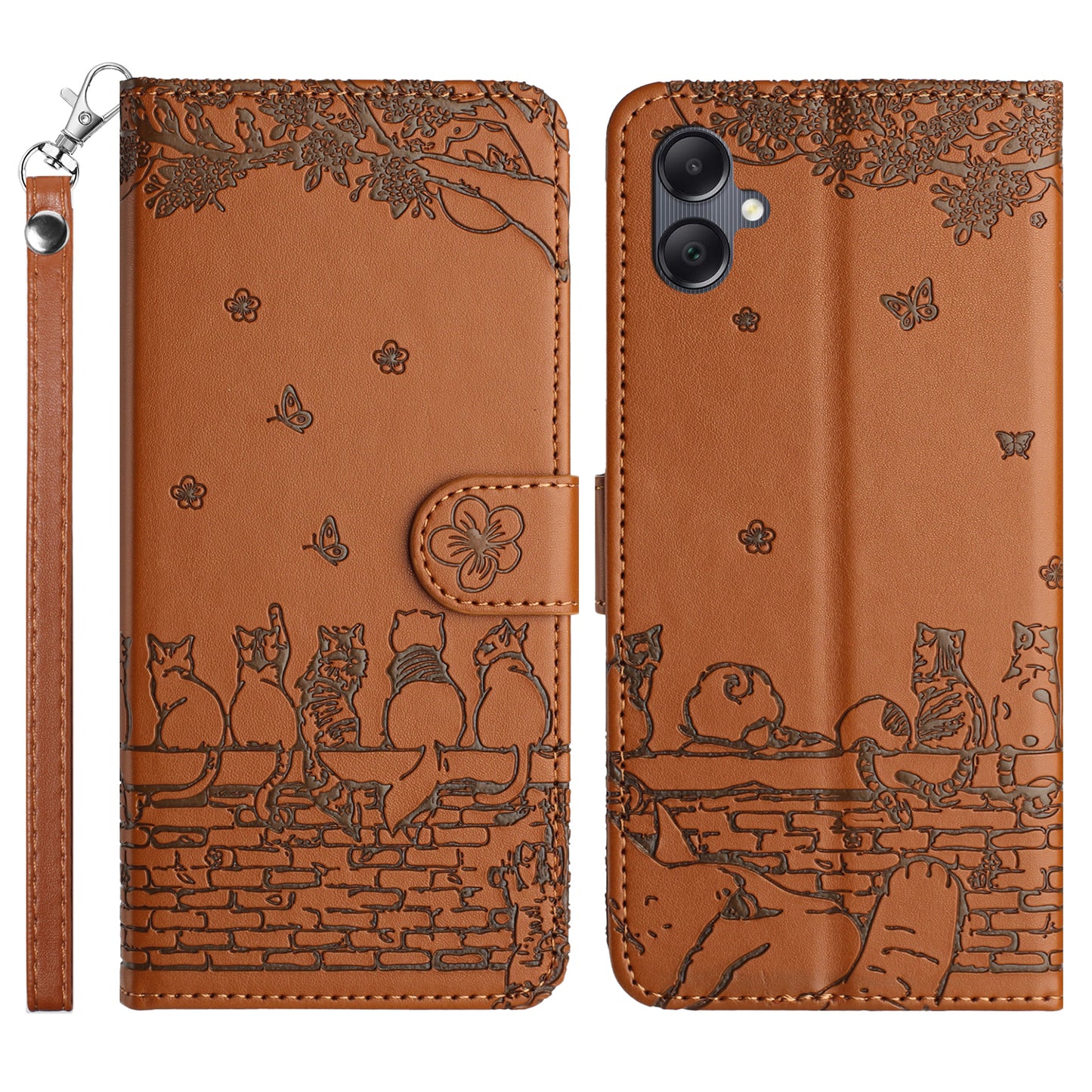For Samsung Galaxy A06 Case with Wrist Strap Leather Phone Cover Wall Cats Pattern - Brown