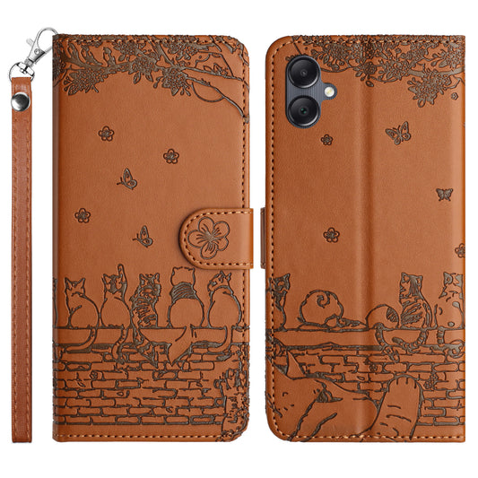 For Samsung Galaxy A06 Case with Wrist Strap Leather Phone Cover Wall Cats Pattern - Brown