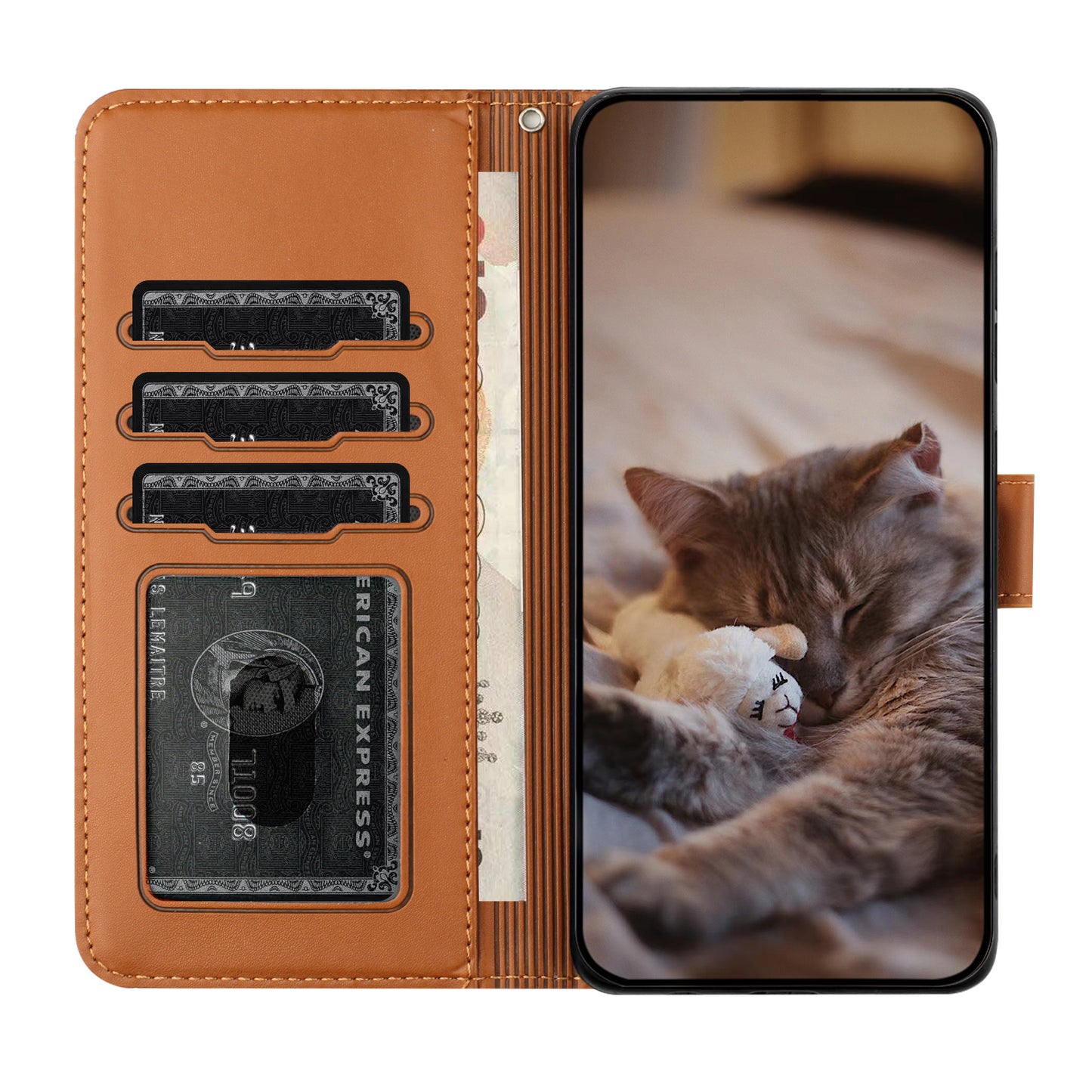 For Samsung Galaxy A06 Case with Wrist Strap Leather Phone Cover Wall Cats Pattern - Brown