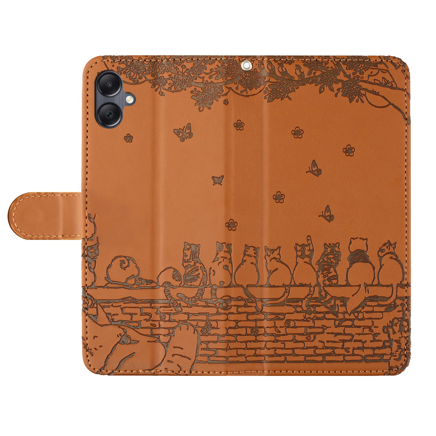 For Samsung Galaxy A06 Case with Wrist Strap Leather Phone Cover Wall Cats Pattern - Brown