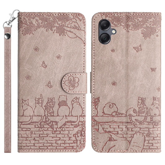 For Samsung Galaxy A06 Case with Wrist Strap Leather Phone Cover Wall Cats Pattern - Smoky Purple