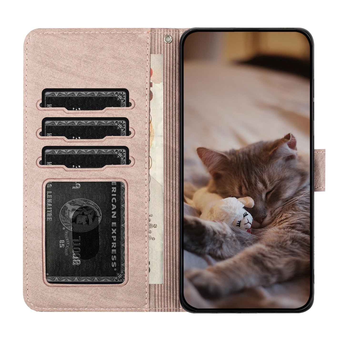 For Samsung Galaxy A06 Case with Wrist Strap Leather Phone Cover Wall Cats Pattern - Smoky Purple