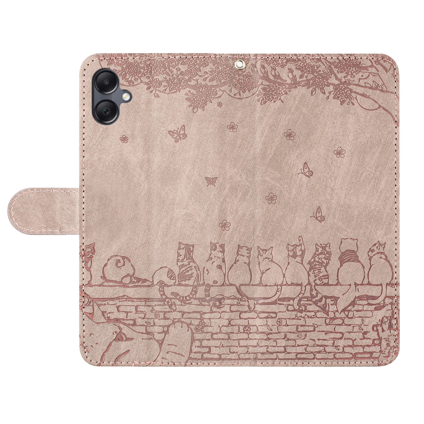 For Samsung Galaxy A06 Case with Wrist Strap Leather Phone Cover Wall Cats Pattern - Smoky Purple