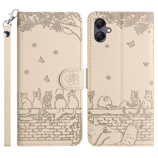 For Samsung Galaxy A06 Case with Wrist Strap Leather Phone Cover Wall Cats Pattern - Apricot