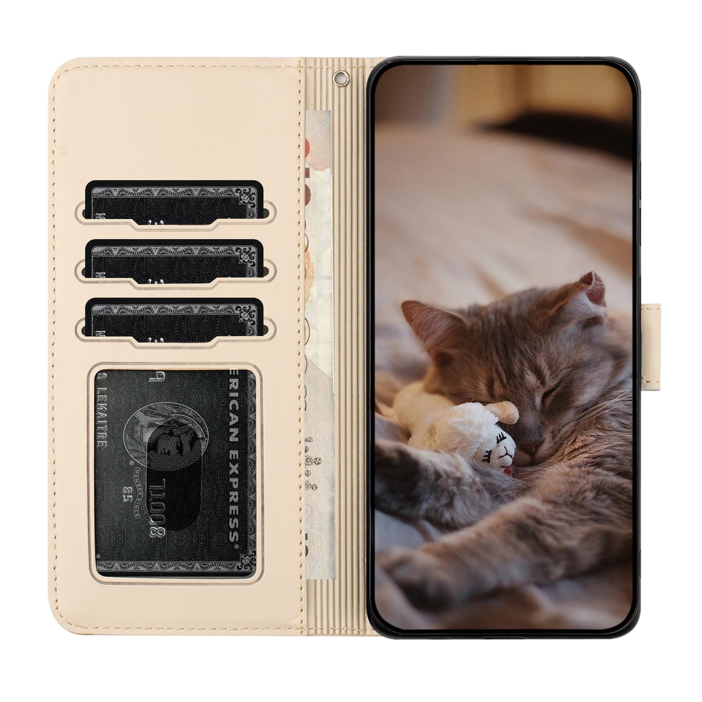 For Samsung Galaxy A06 Case with Wrist Strap Leather Phone Cover Wall Cats Pattern - Apricot