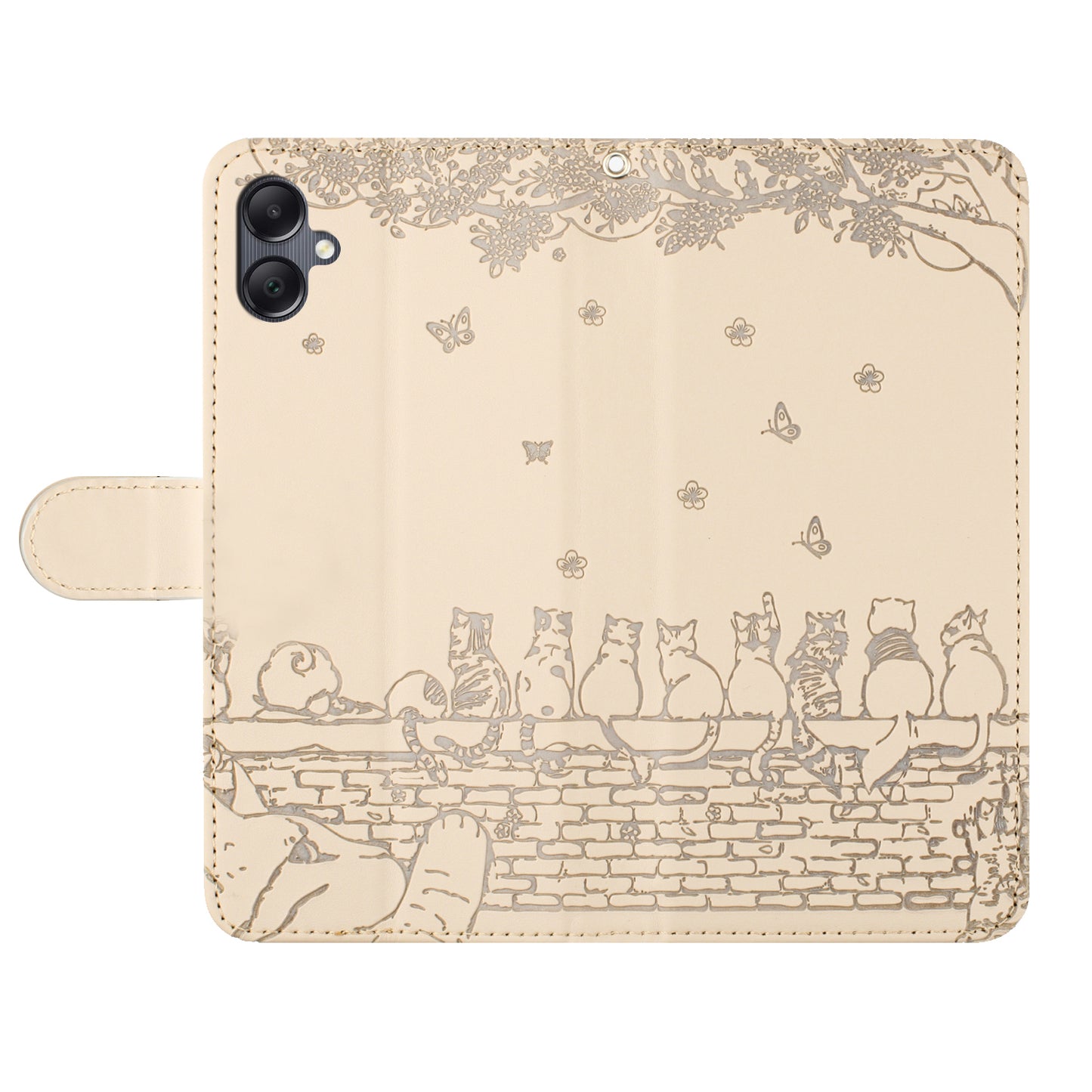 For Samsung Galaxy A06 Case with Wrist Strap Leather Phone Cover Wall Cats Pattern - Apricot