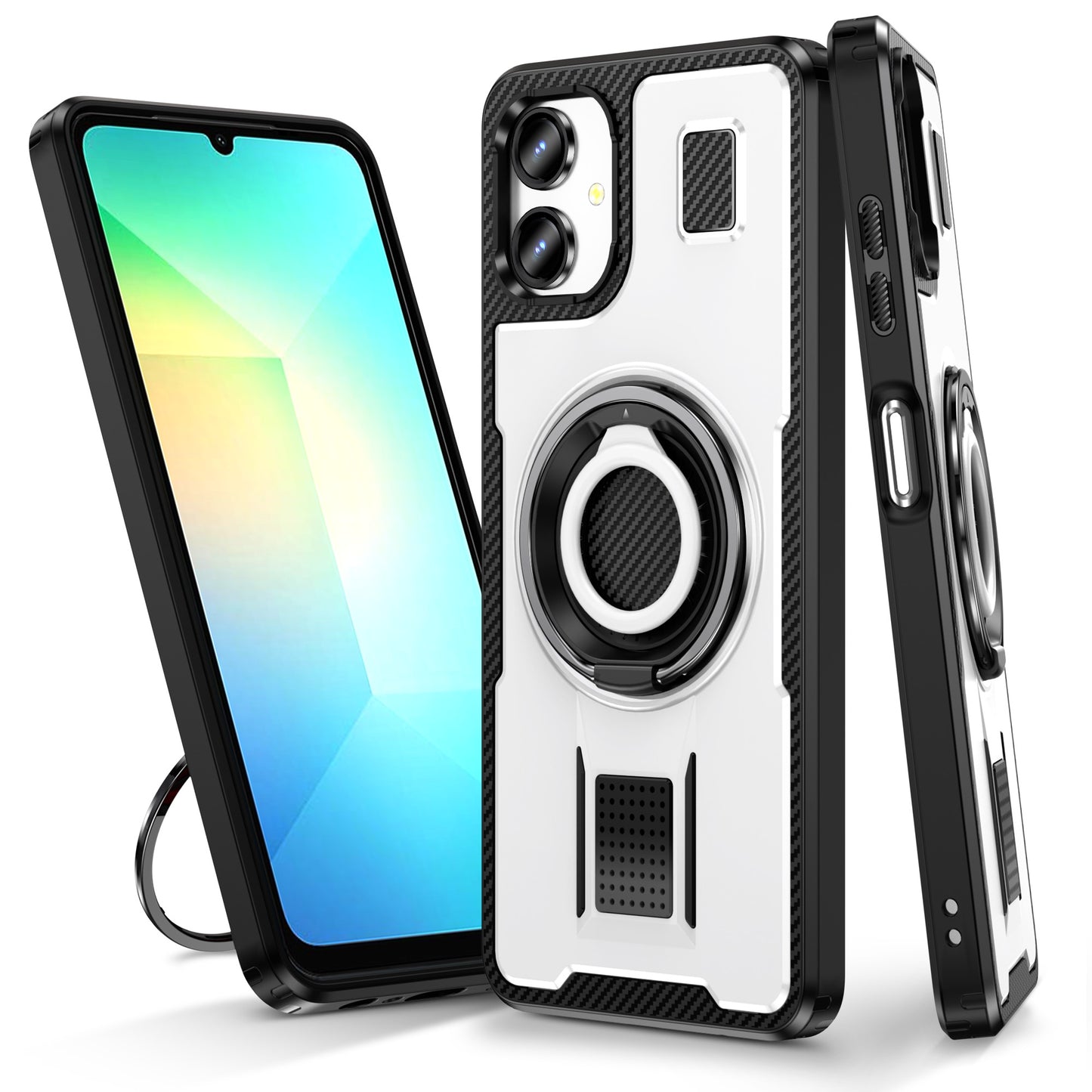 For Samsung Galaxy A06 Case TPU+PC Kickstand Phone Cover with Silicone Finger Strap - White