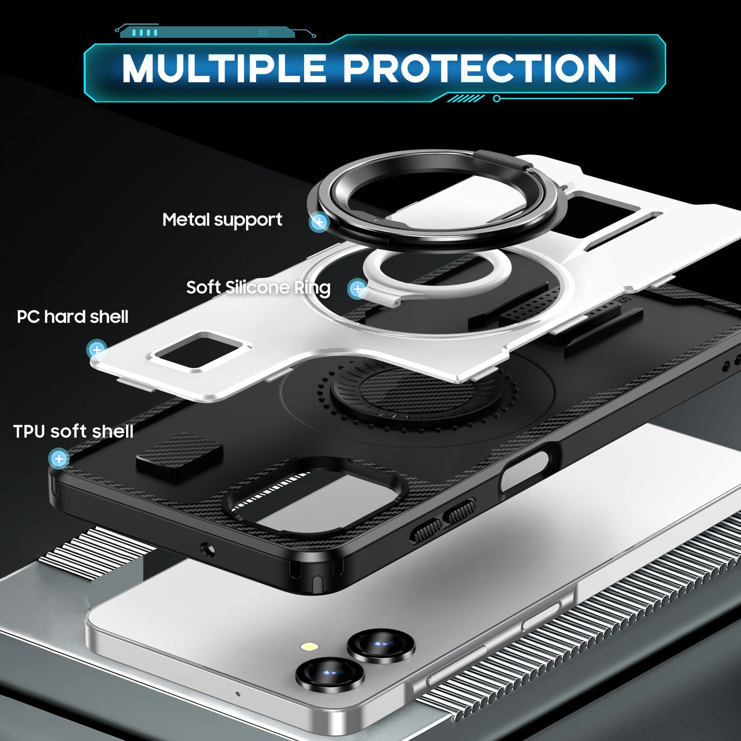 For Samsung Galaxy A06 Case TPU+PC Kickstand Phone Cover with Silicone Finger Strap - White