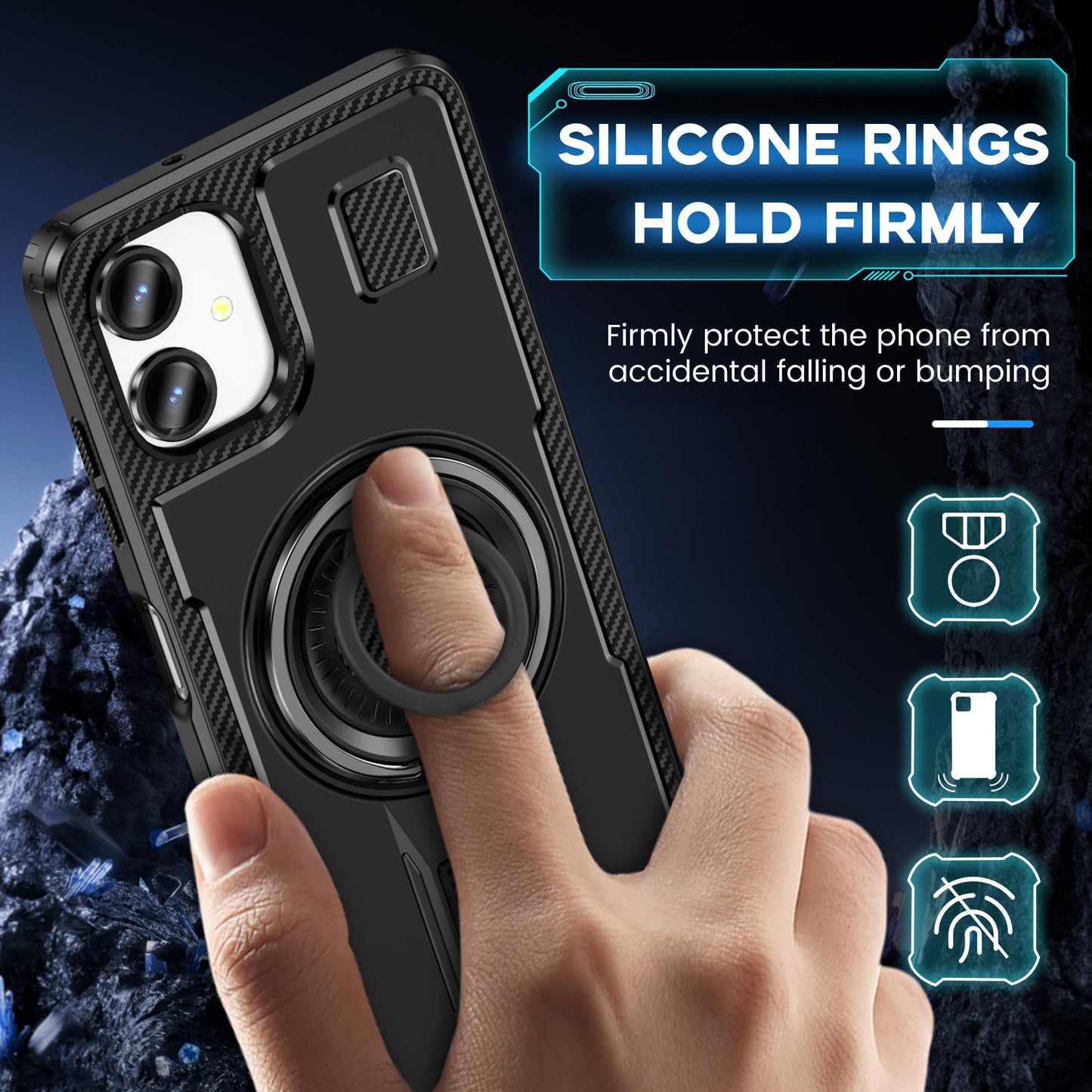 For Samsung Galaxy A06 Case TPU+PC Kickstand Phone Cover with Silicone Finger Strap - Black