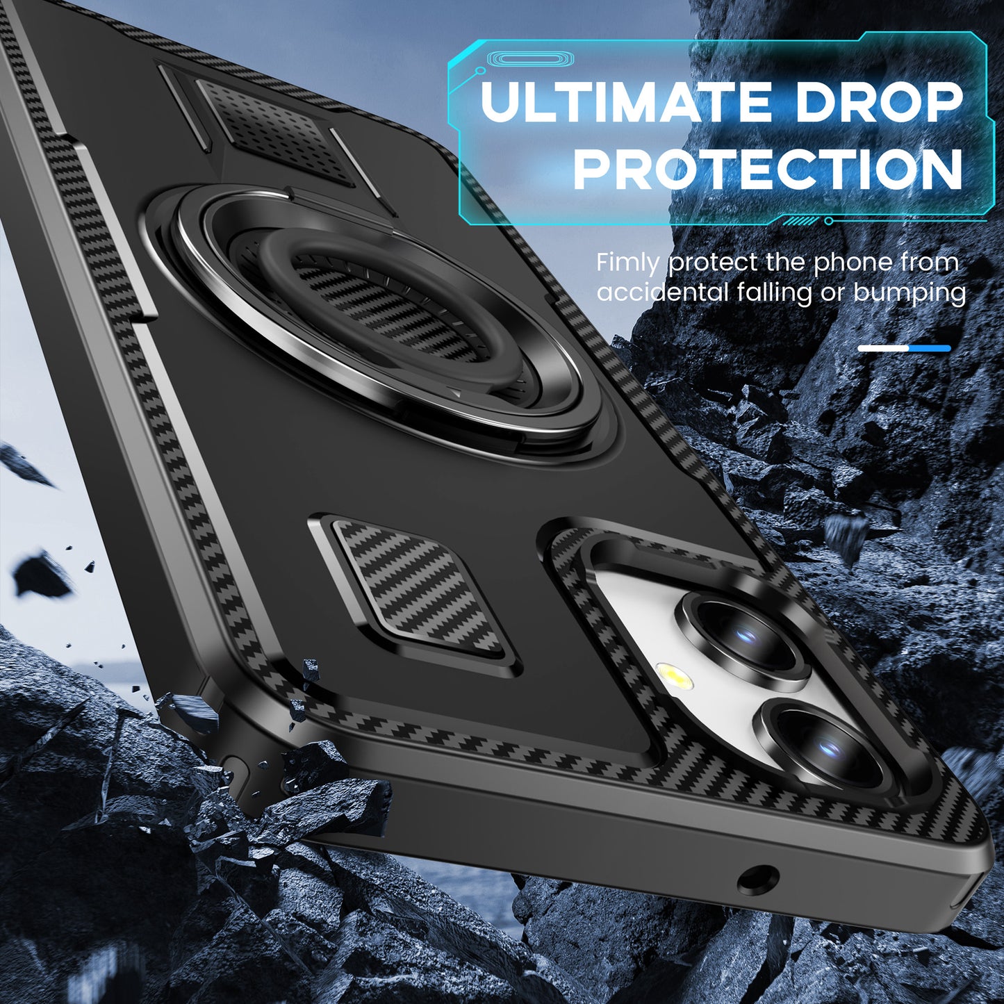 For Samsung Galaxy A06 Case TPU+PC Kickstand Phone Cover with Silicone Finger Strap - Black