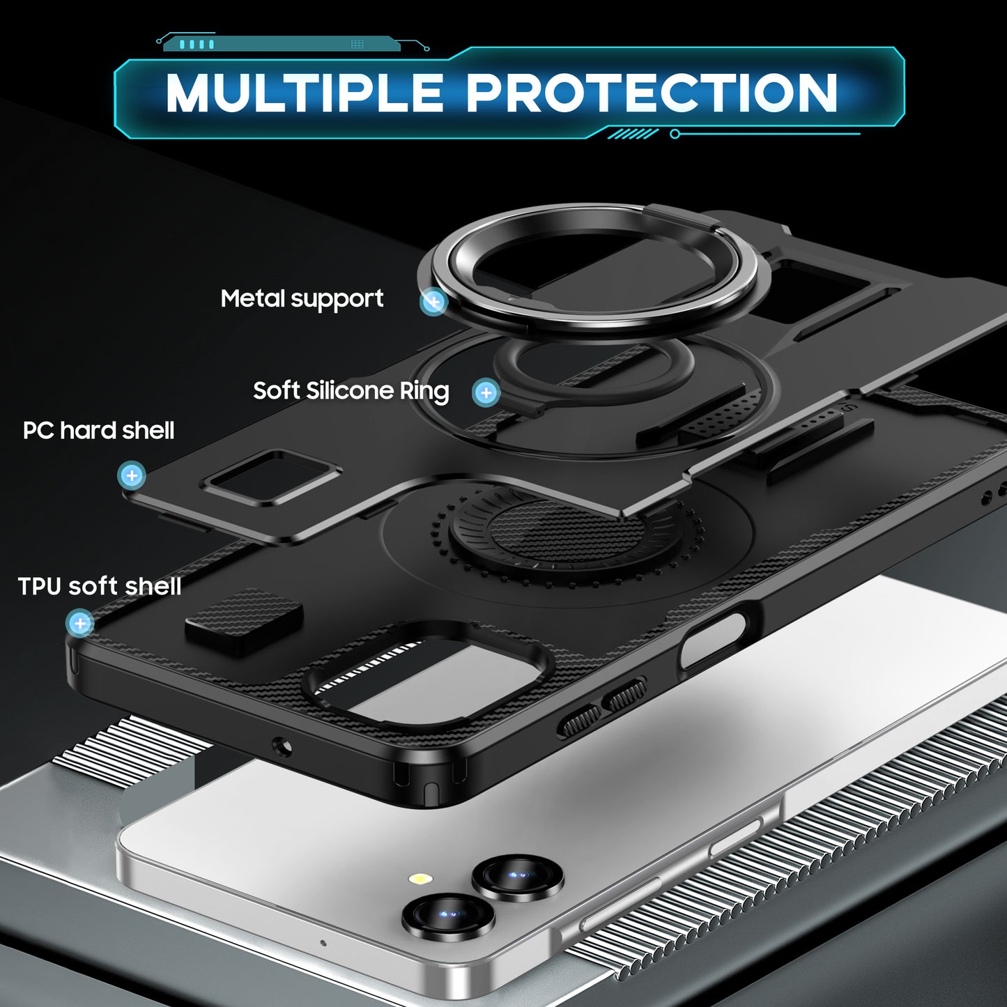 For Samsung Galaxy A06 Case TPU+PC Kickstand Phone Cover with Silicone Finger Strap - Black