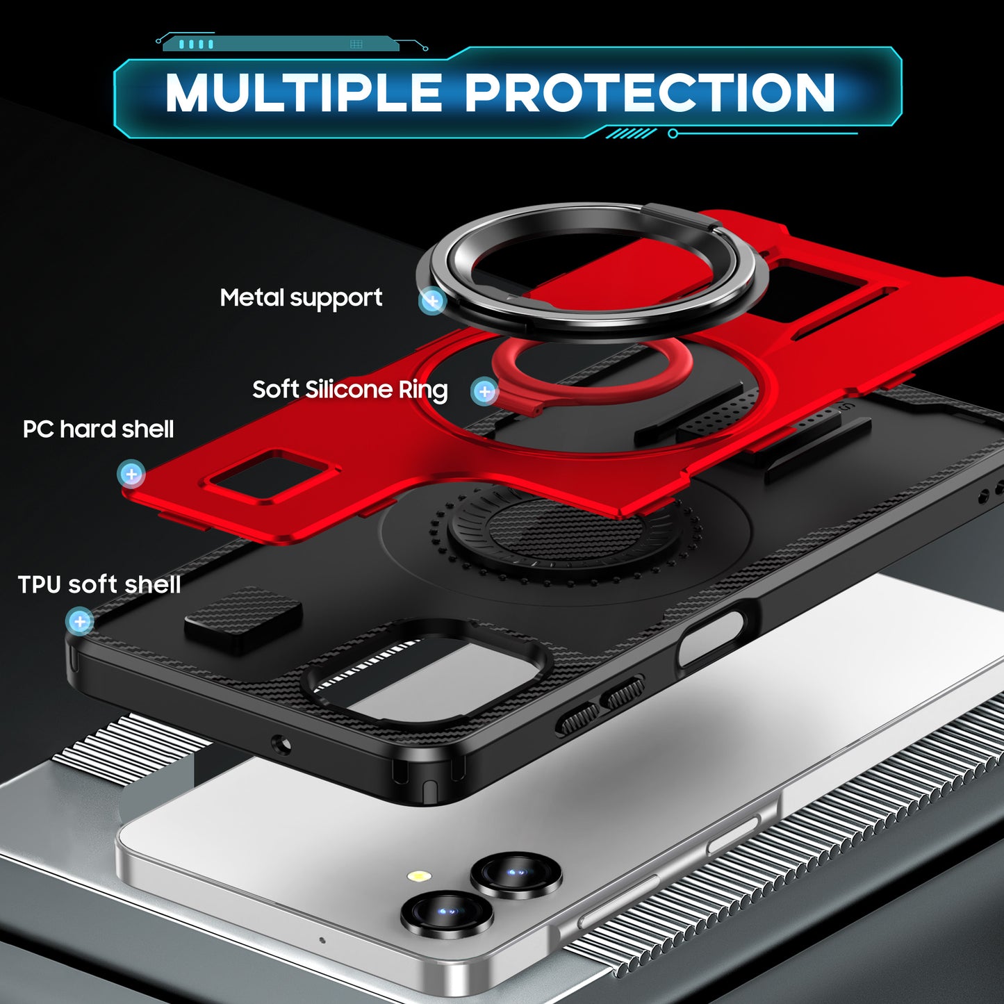 For Samsung Galaxy A06 Case TPU+PC Kickstand Phone Cover with Silicone Finger Strap - Red