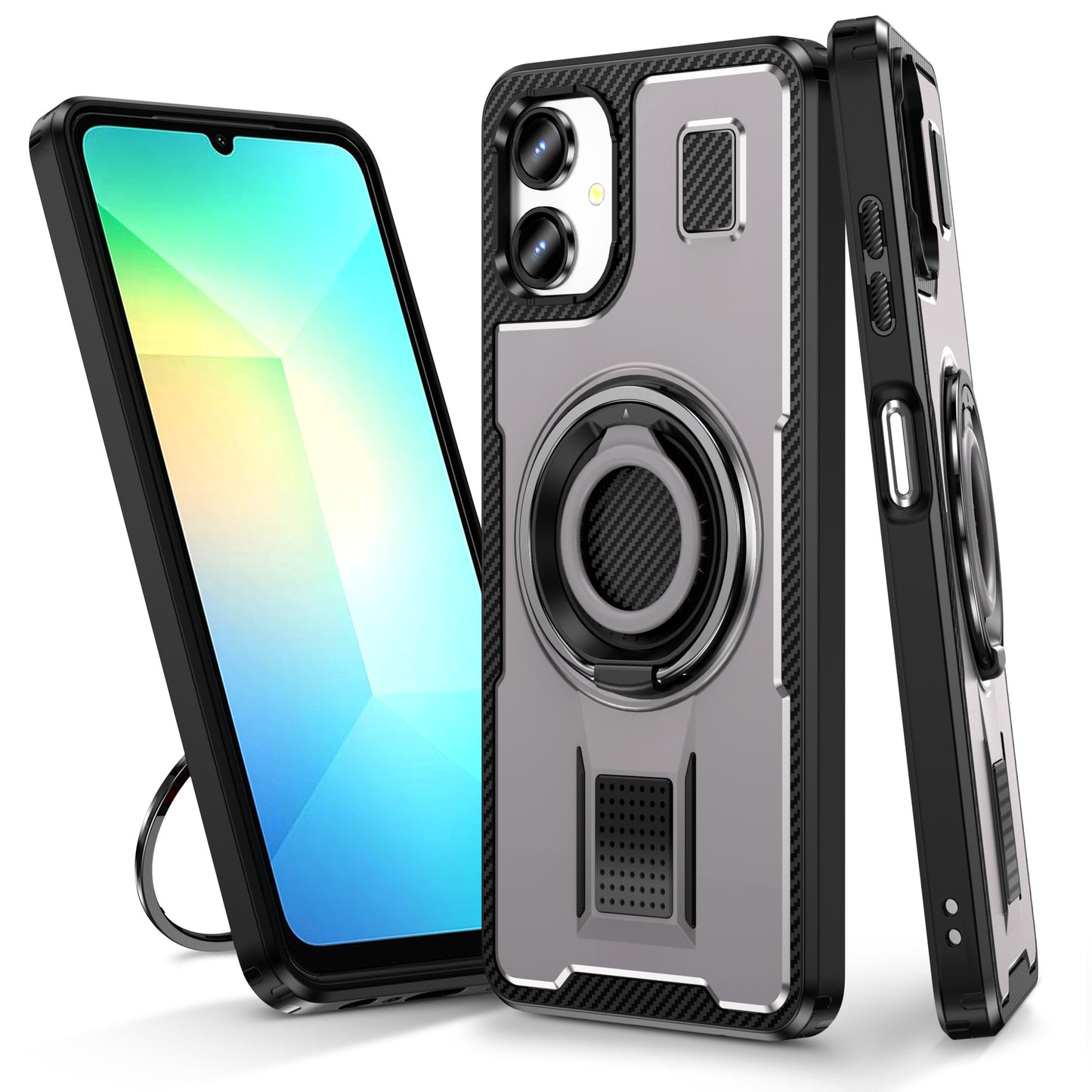 For Samsung Galaxy A06 Case TPU+PC Kickstand Phone Cover with Silicone Finger Strap - Grey
