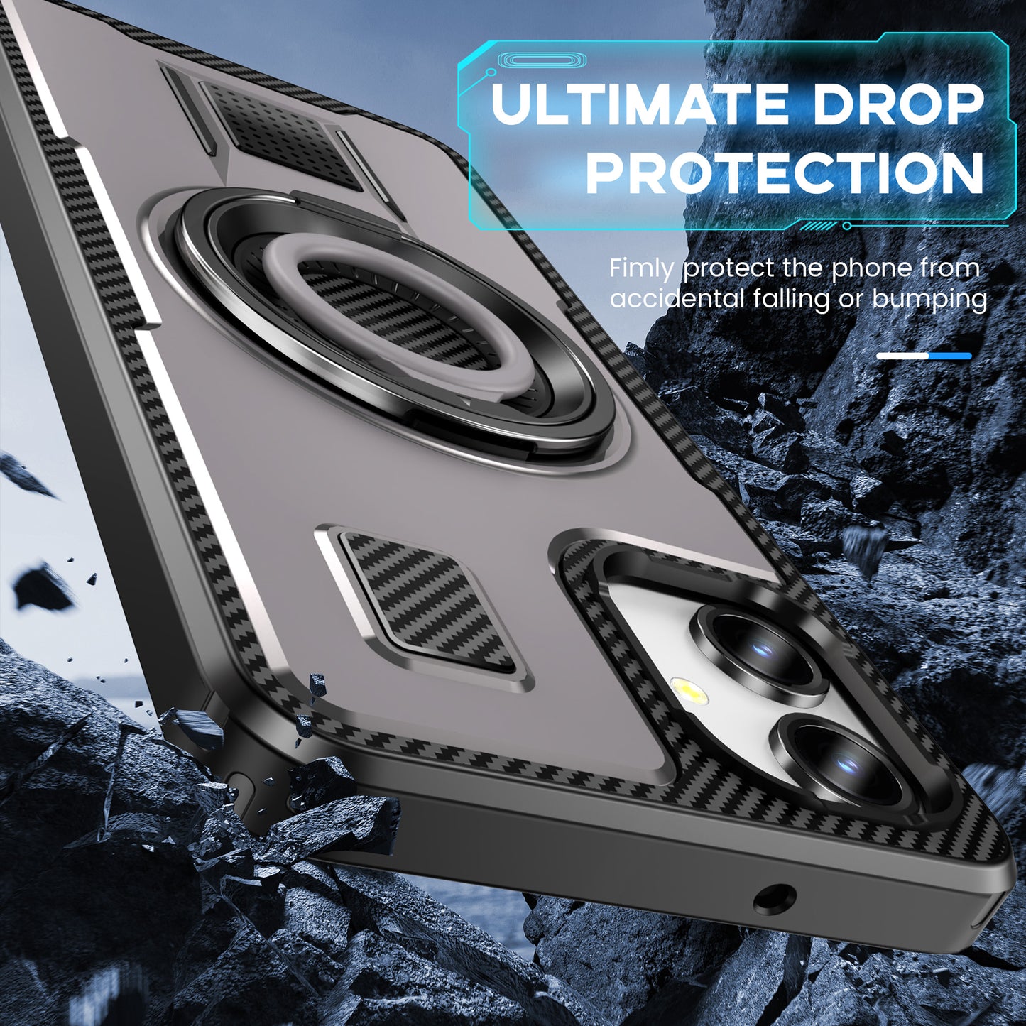 For Samsung Galaxy A06 Case TPU+PC Kickstand Phone Cover with Silicone Finger Strap - Grey