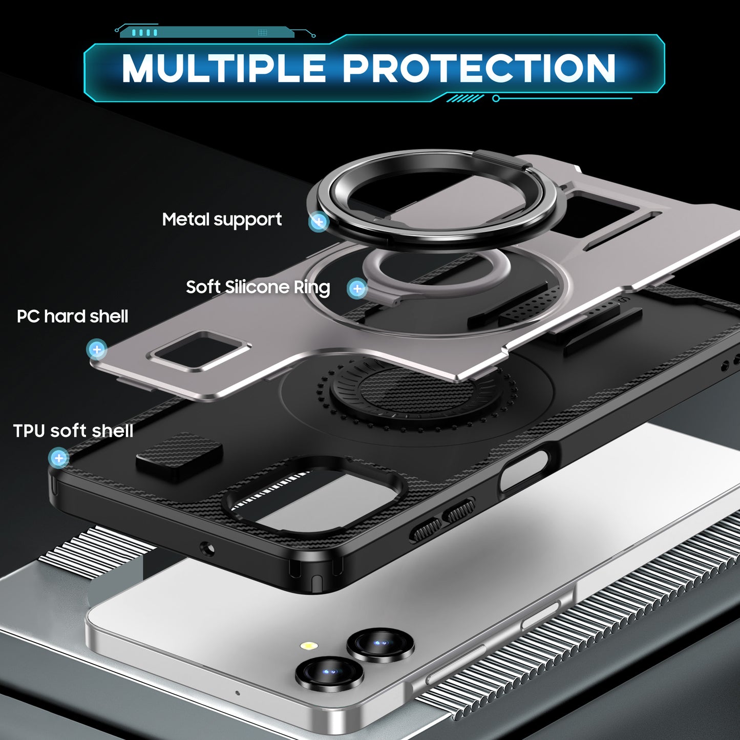 For Samsung Galaxy A06 Case TPU+PC Kickstand Phone Cover with Silicone Finger Strap - Grey