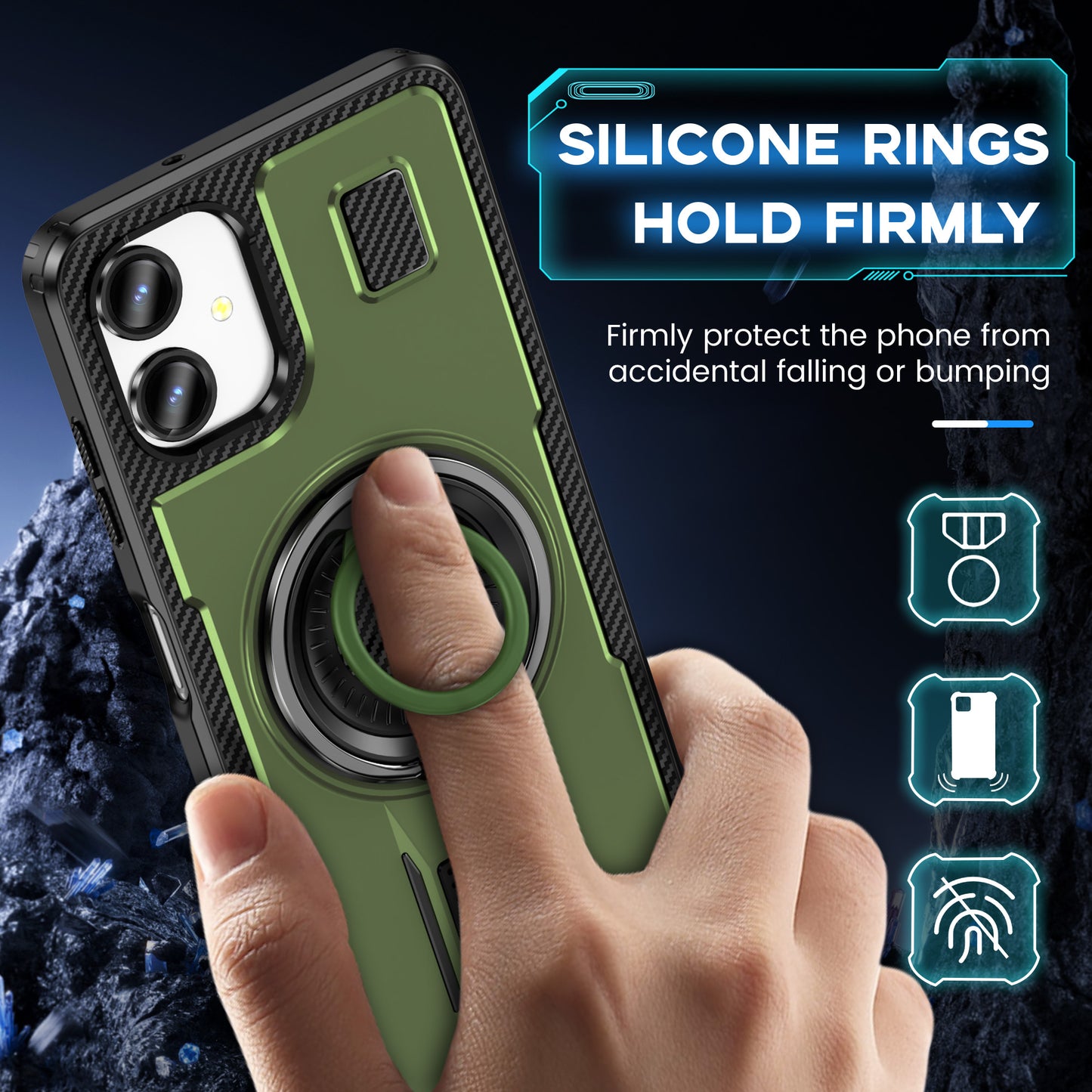 For Samsung Galaxy A06 Case TPU+PC Kickstand Phone Cover with Silicone Finger Strap - Army Green