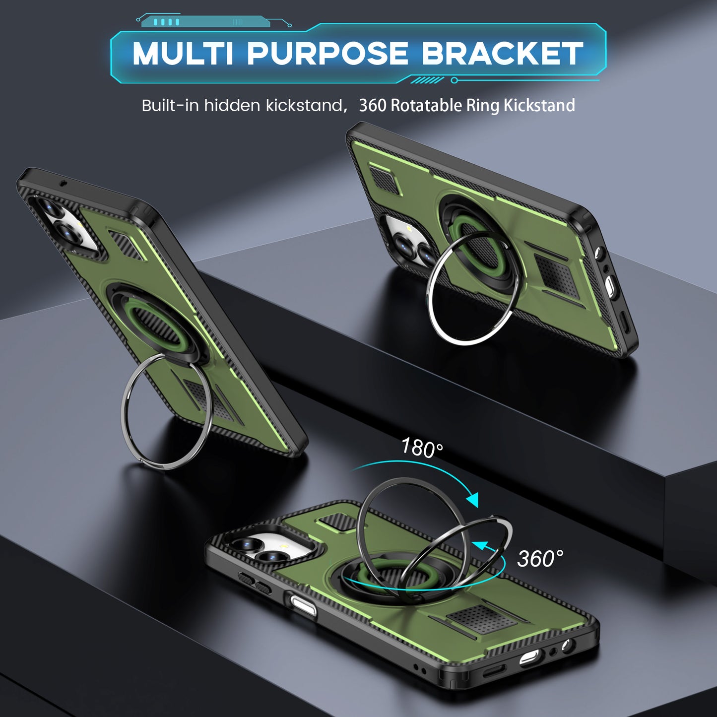 For Samsung Galaxy A06 Case TPU+PC Kickstand Phone Cover with Silicone Finger Strap - Army Green