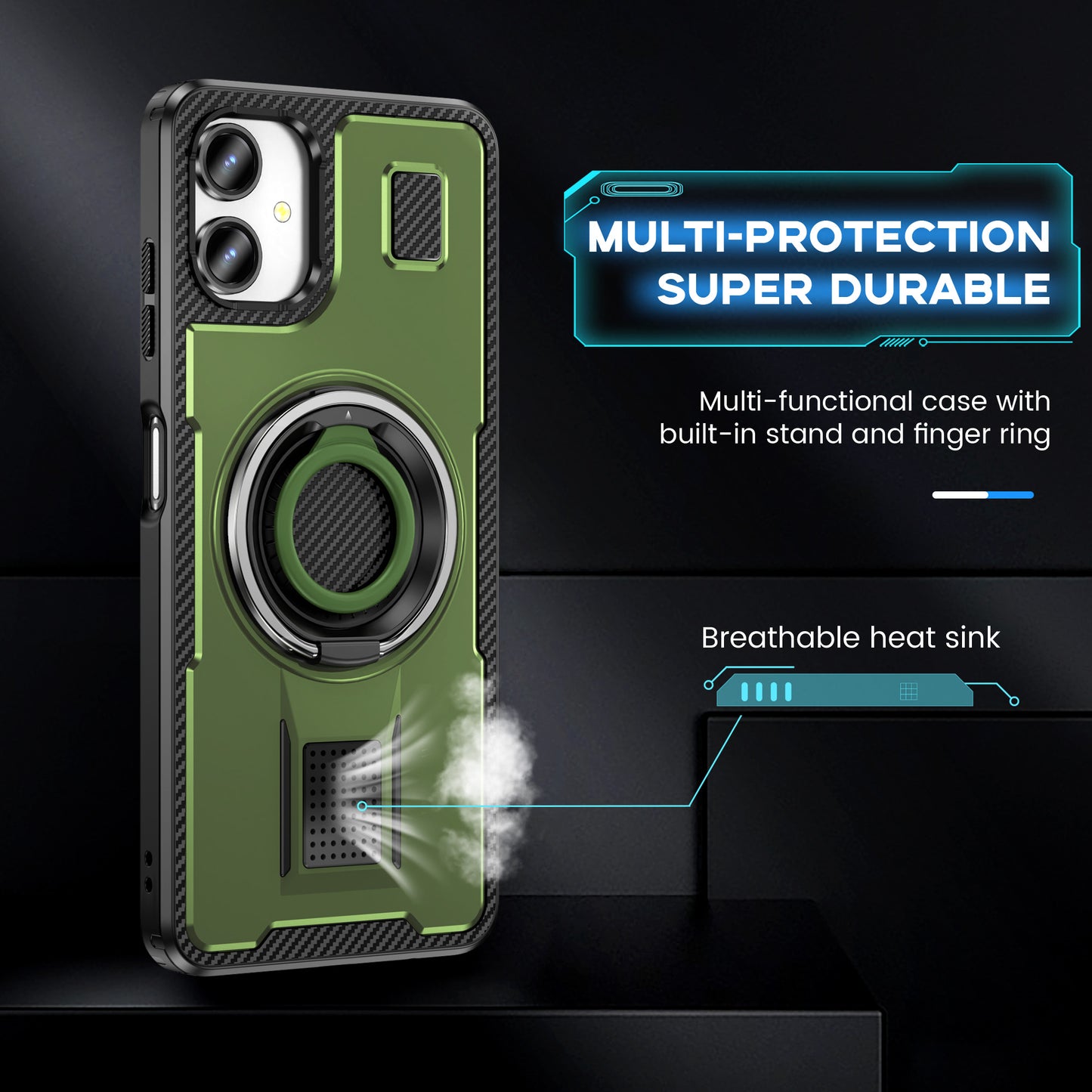 For Samsung Galaxy A06 Case TPU+PC Kickstand Phone Cover with Silicone Finger Strap - Army Green