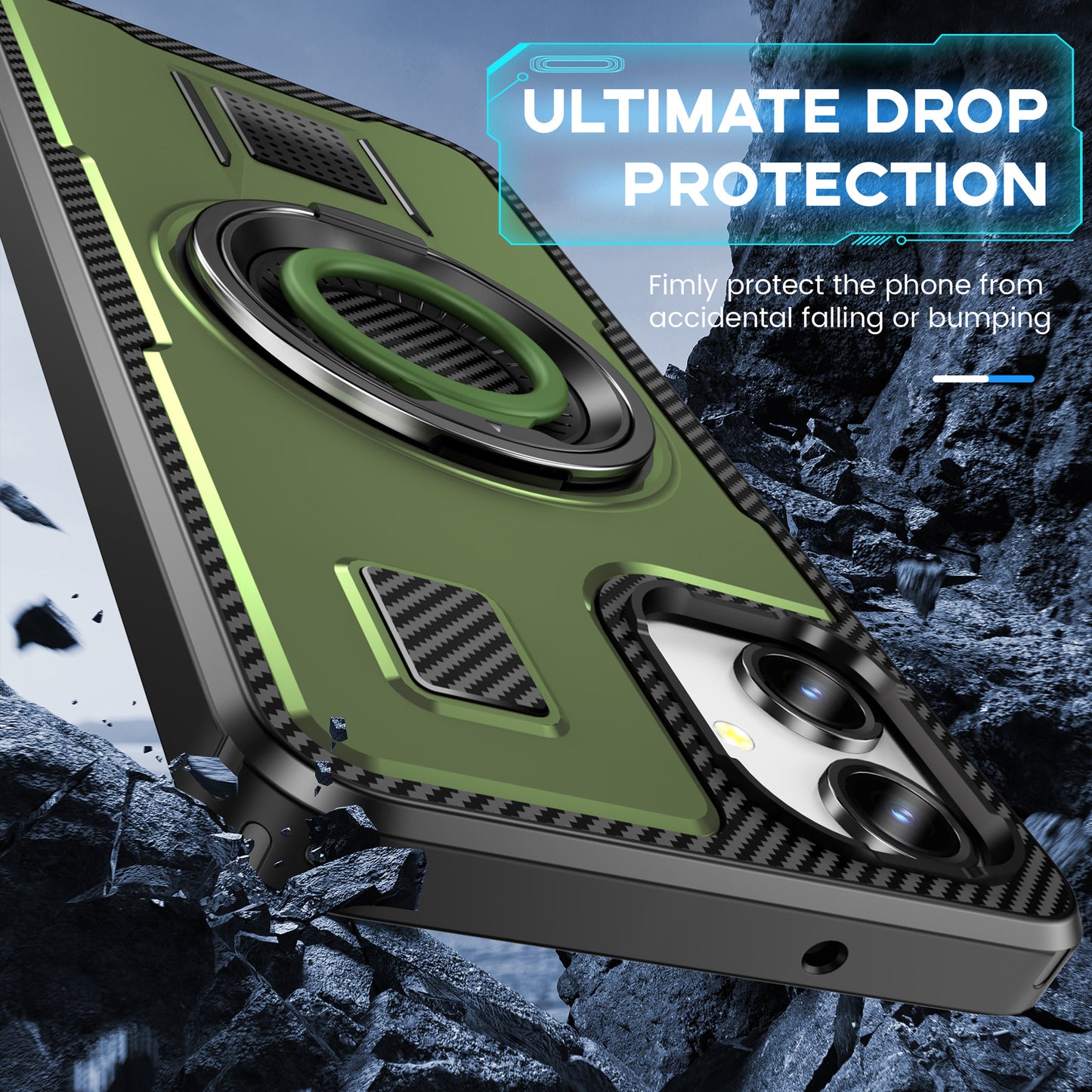 For Samsung Galaxy A06 Case TPU+PC Kickstand Phone Cover with Silicone Finger Strap - Army Green