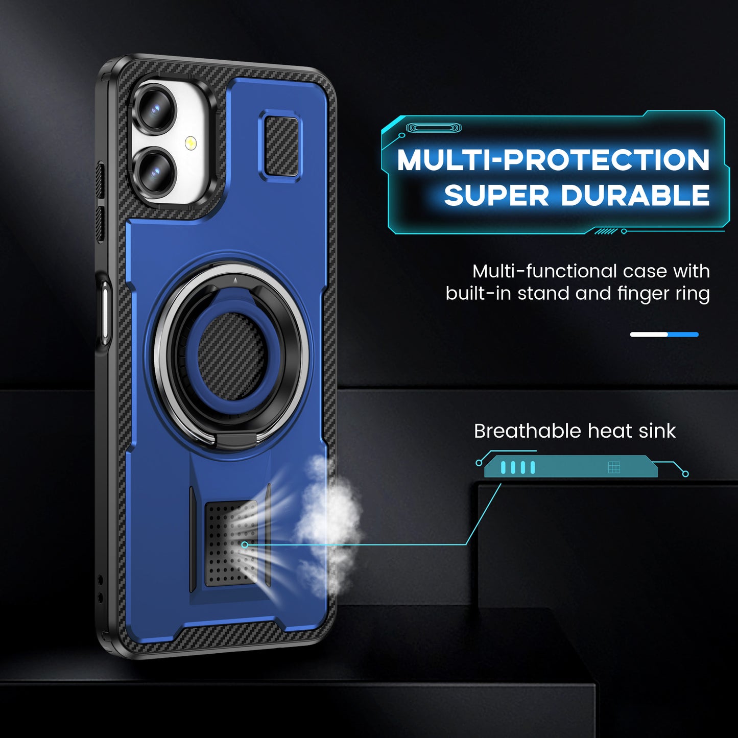 For Samsung Galaxy A06 Case TPU+PC Kickstand Phone Cover with Silicone Finger Strap - Blue