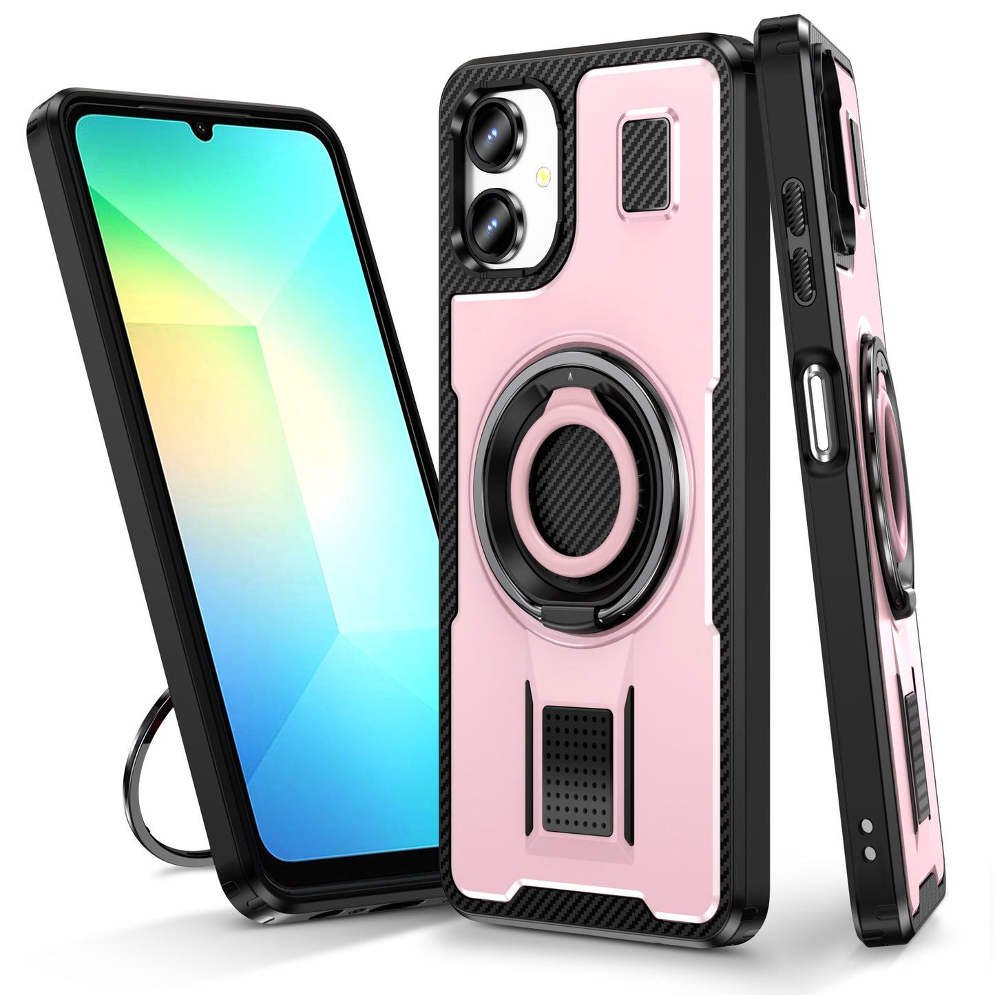 For Samsung Galaxy A06 Case TPU+PC Kickstand Phone Cover with Silicone Finger Strap - Rose Gold