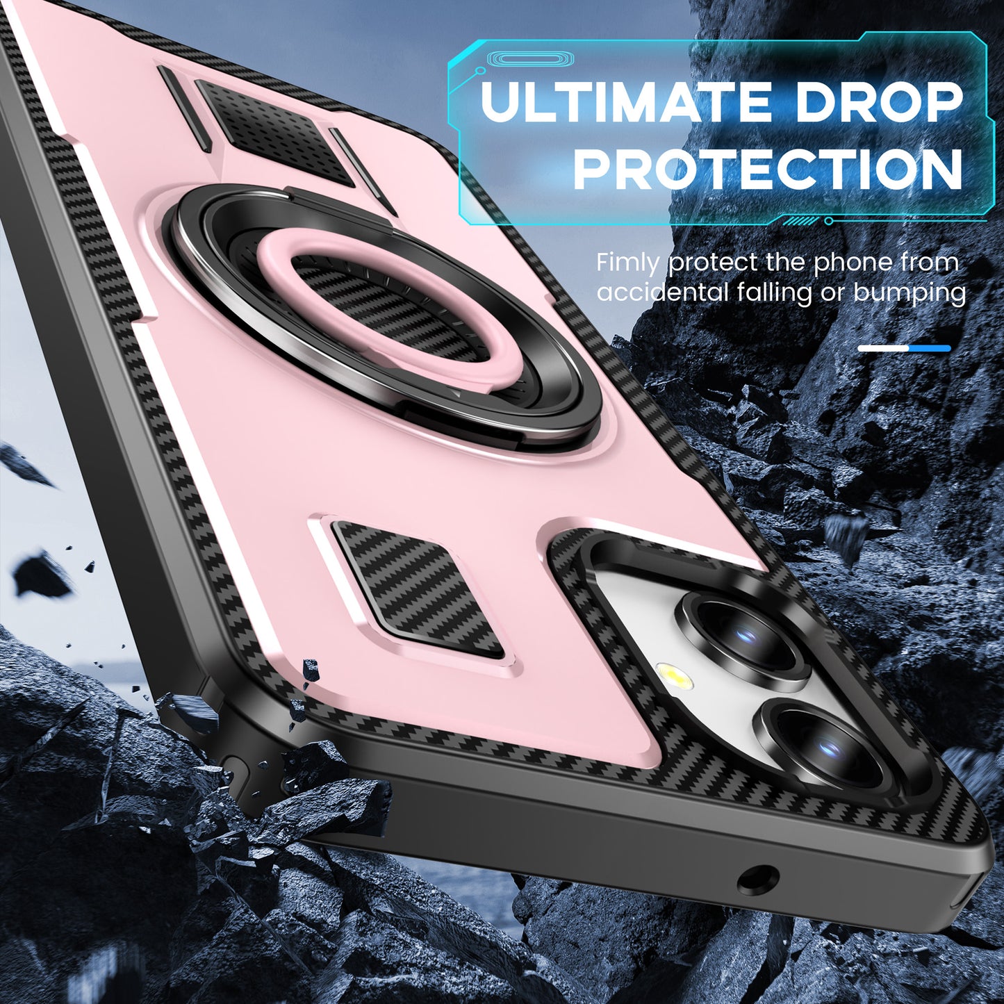 For Samsung Galaxy A06 Case TPU+PC Kickstand Phone Cover with Silicone Finger Strap - Rose Gold