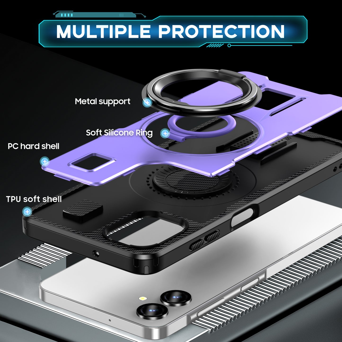 For Samsung Galaxy A06 Case TPU+PC Kickstand Phone Cover with Silicone Finger Strap - Purple