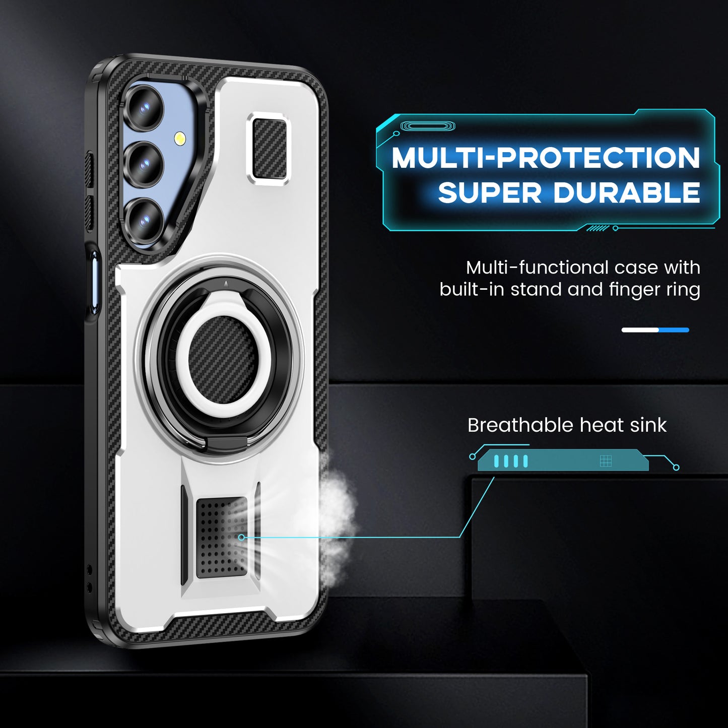 For Samsung Galaxy A16 5G / A16 4G Case TPU+PC Kickstand Phone Cover with Silicone Finger Strap - White