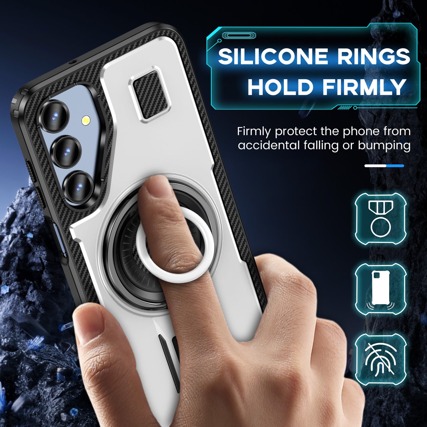 For Samsung Galaxy A16 5G / A16 4G Case TPU+PC Kickstand Phone Cover with Silicone Finger Strap - White