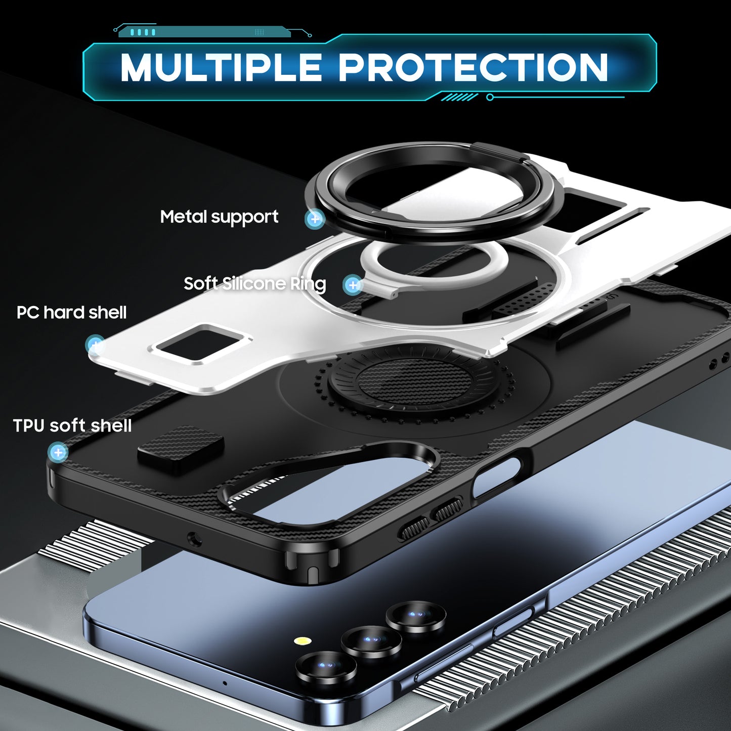 For Samsung Galaxy A16 5G / A16 4G Case TPU+PC Kickstand Phone Cover with Silicone Finger Strap - White