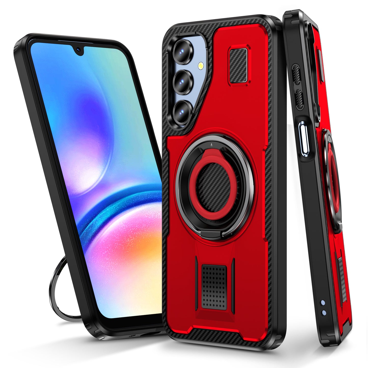 For Samsung Galaxy A16 5G / A16 4G Case TPU+PC Kickstand Phone Cover with Silicone Finger Strap - Red