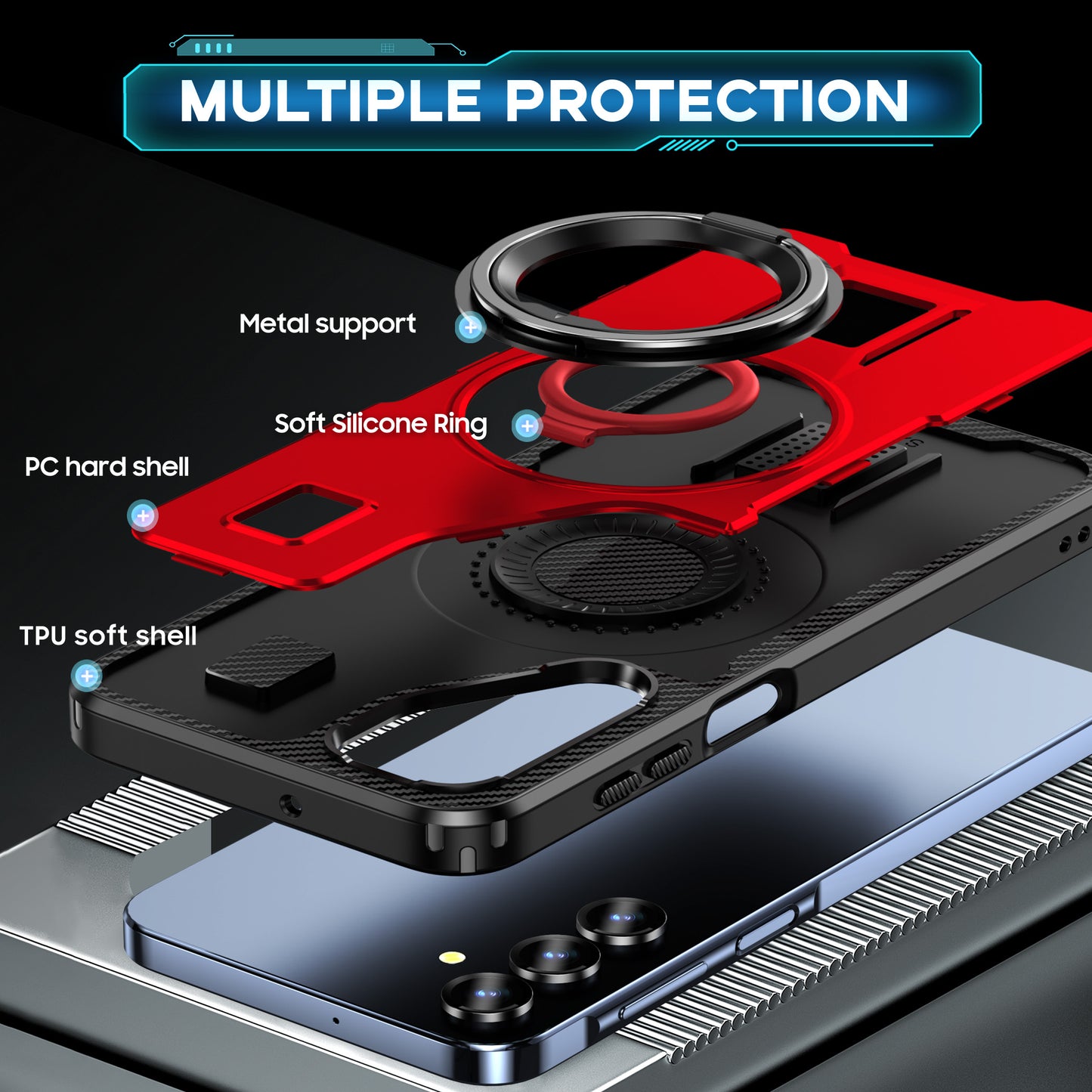 For Samsung Galaxy A16 5G / A16 4G Case TPU+PC Kickstand Phone Cover with Silicone Finger Strap - Red