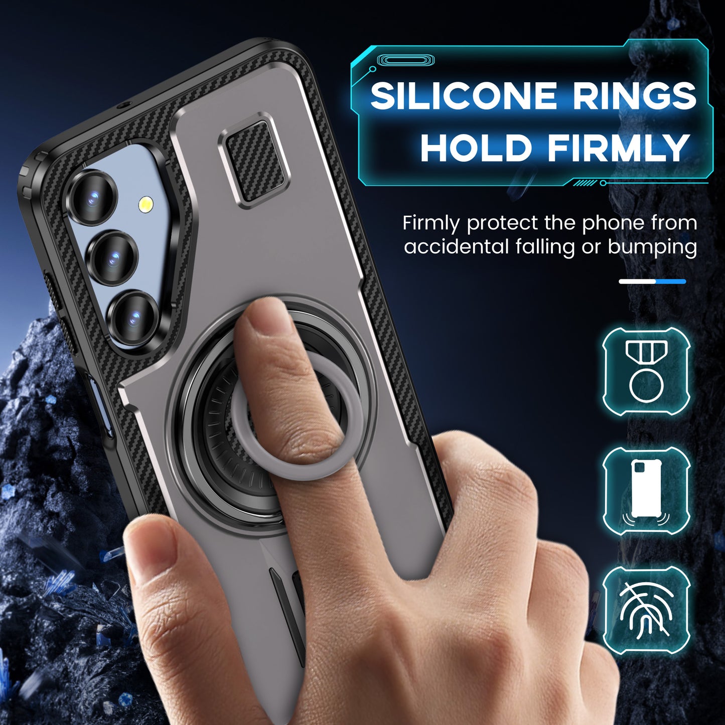 For Samsung Galaxy A16 5G / A16 4G Case TPU+PC Kickstand Phone Cover with Silicone Finger Strap - Grey