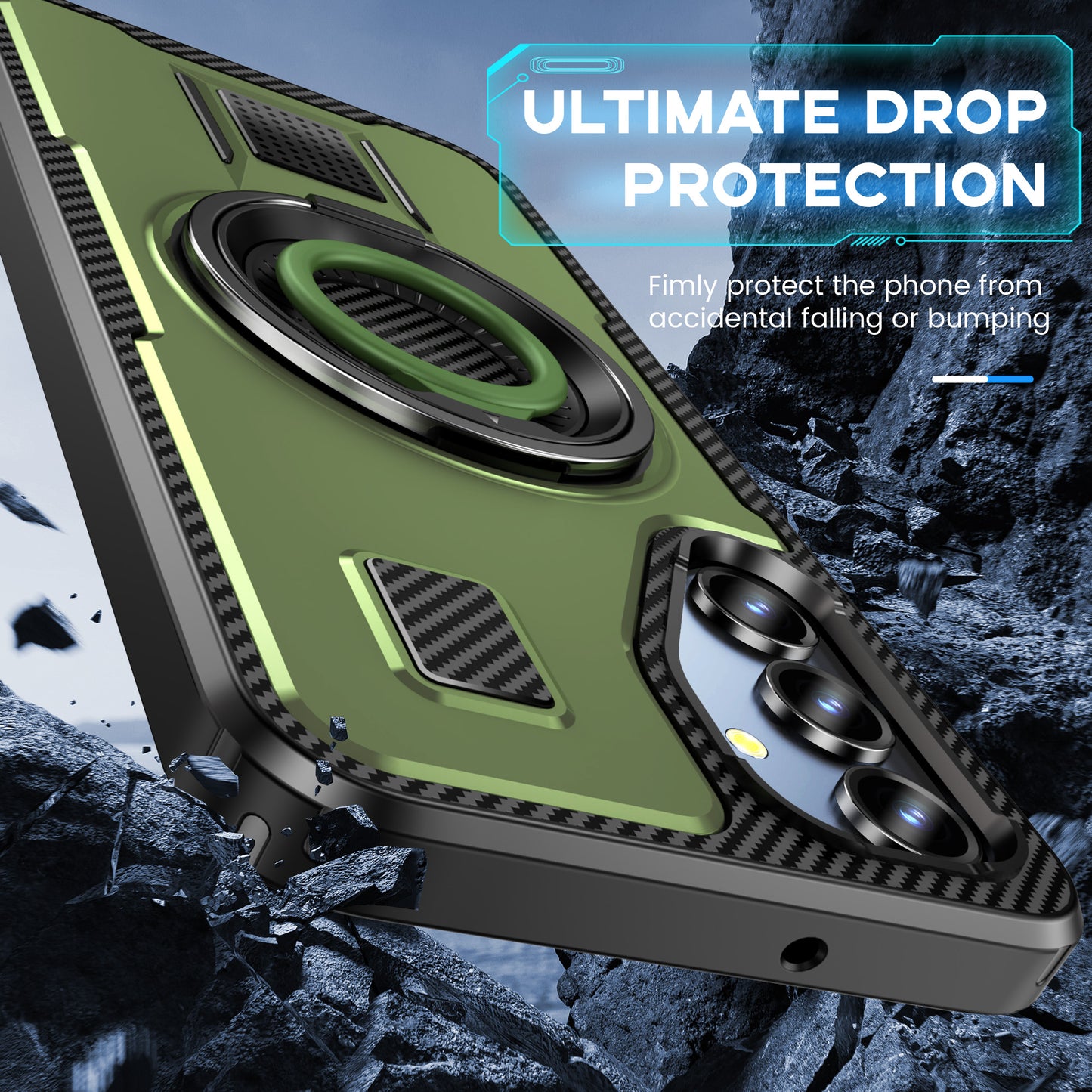 For Samsung Galaxy A16 5G / A16 4G Case TPU+PC Kickstand Phone Cover with Silicone Finger Strap - Army Green