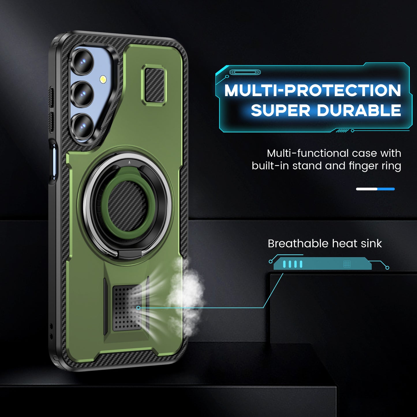 For Samsung Galaxy A16 5G / A16 4G Case TPU+PC Kickstand Phone Cover with Silicone Finger Strap - Army Green