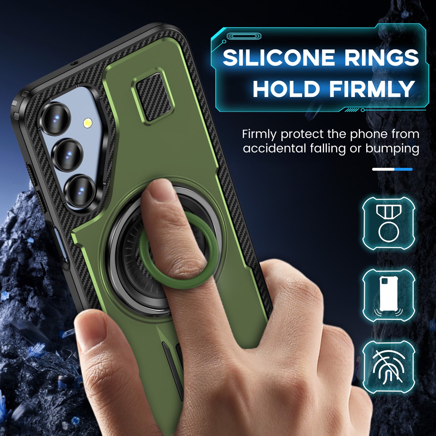 For Samsung Galaxy A16 5G / A16 4G Case TPU+PC Kickstand Phone Cover with Silicone Finger Strap - Army Green