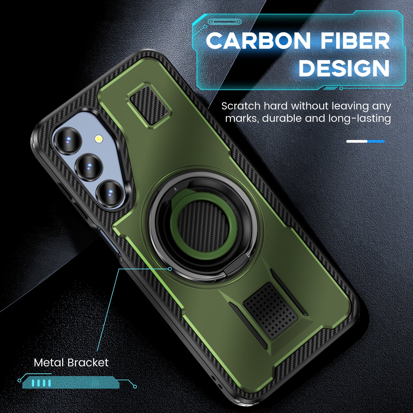 For Samsung Galaxy A16 5G / A16 4G Case TPU+PC Kickstand Phone Cover with Silicone Finger Strap - Army Green