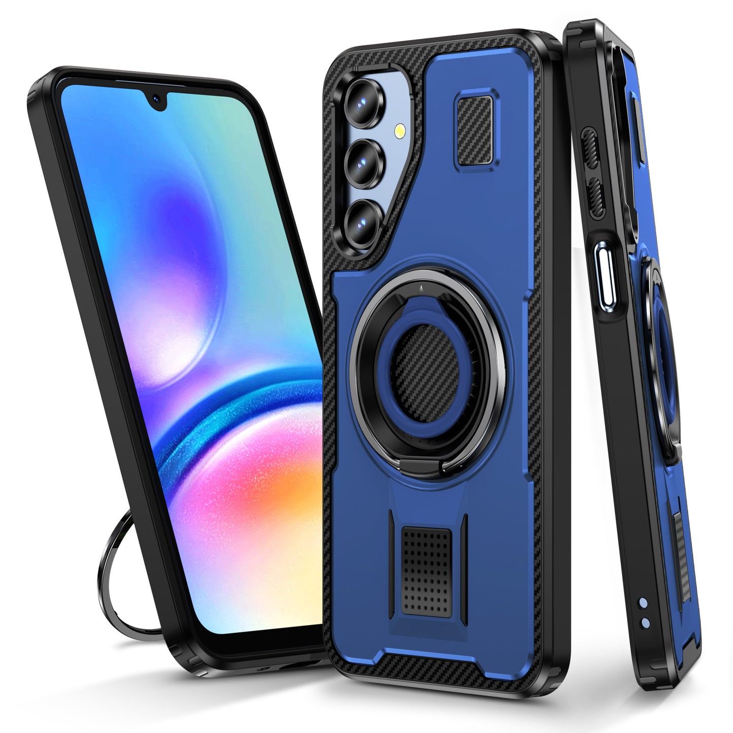For Samsung Galaxy A16 5G / A16 4G Case TPU+PC Kickstand Phone Cover with Silicone Finger Strap - Blue