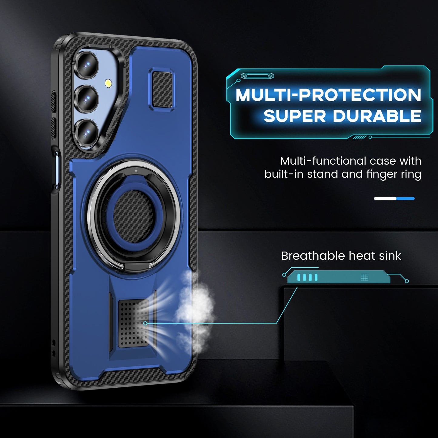 For Samsung Galaxy A16 5G / A16 4G Case TPU+PC Kickstand Phone Cover with Silicone Finger Strap - Blue