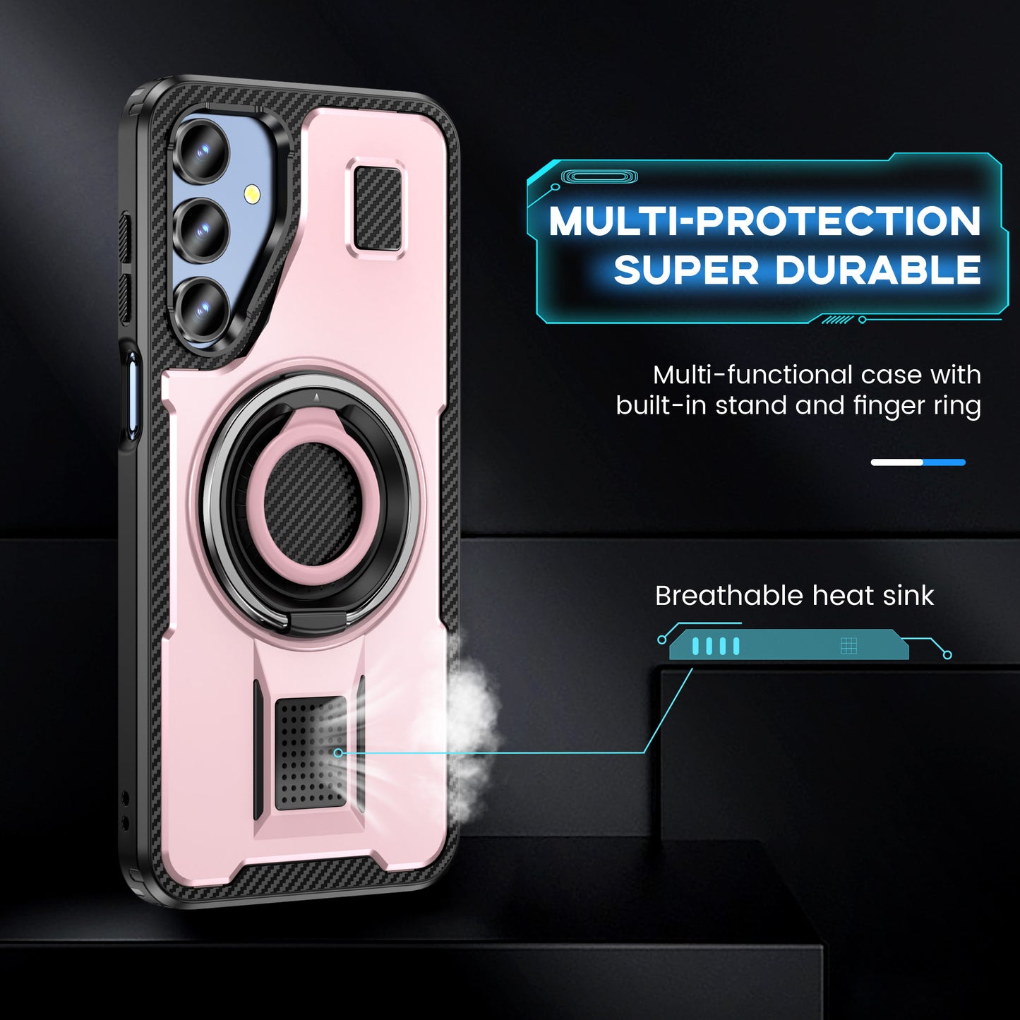 For Samsung Galaxy A16 5G / A16 4G Case TPU+PC Kickstand Phone Cover with Silicone Finger Strap - Rose Gold