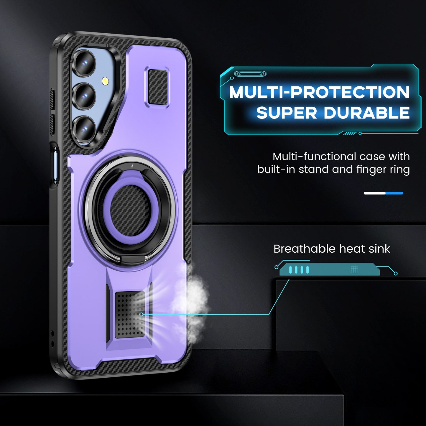 For Samsung Galaxy A16 5G / A16 4G Case TPU+PC Kickstand Phone Cover with Silicone Finger Strap - Purple
