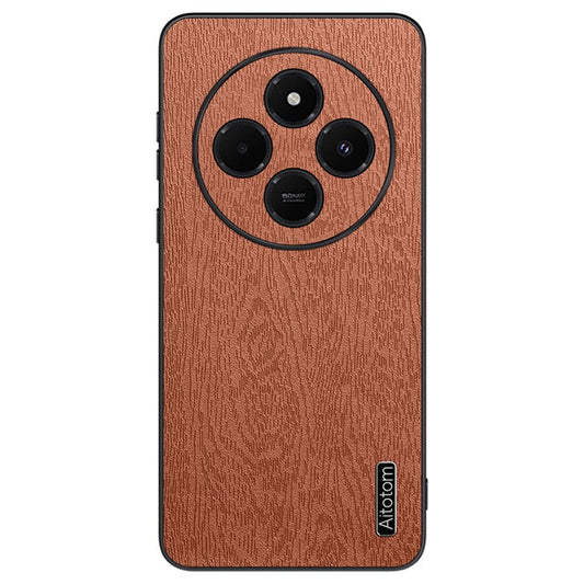 For Xiaomi Poco C75 4G / Redmi 14R 5G / 14C 4G Case Wood Texture PU Leather Coated PC+TPU Phone Cover - Brown