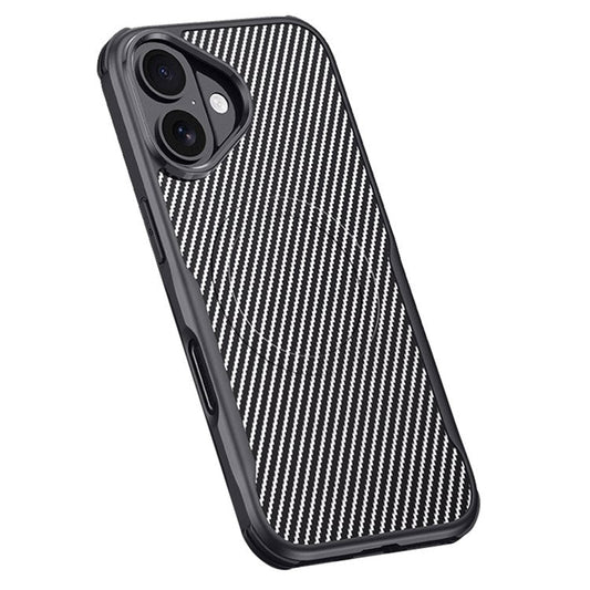 For iPhone 16 Case Compatible with MagSafe Carbon Fiber Texture Leather Coated PC+Silicone Protective Cover - Grey