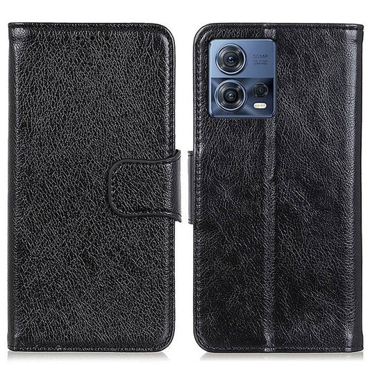 For Motorola Moto S30 Pro 5G Nappa Texture Split Leather Wallet Case Strong Magnetic Clasp Stand Feature Shockproof Flip Cover - Black