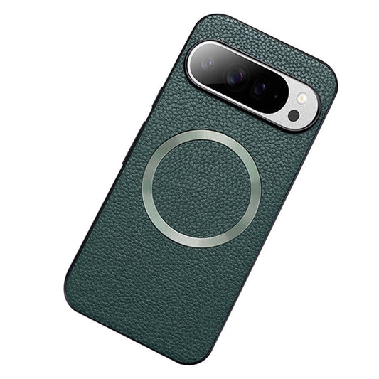 For Google Pixel 9 Pro XL Case Compatible with MagSafe Litchi Texture PU Leather+TPU Phone Cover - Green