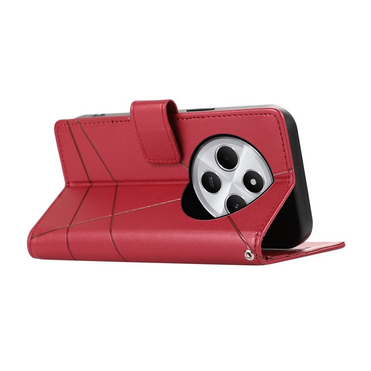 DF-06 Phone Case For Xiaomi Poco C75 4G / Redmi 14R 5G / 14C 4G Line Imprint Leather Wallet Cover - Red
