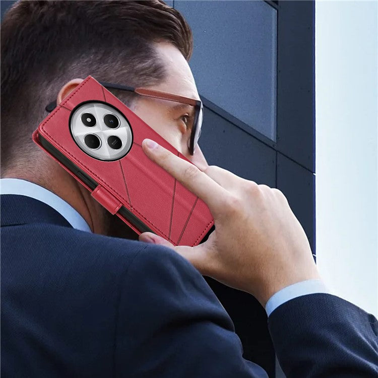 DF-06 Phone Case For Xiaomi Poco C75 4G / Redmi 14R 5G / 14C 4G Line Imprint Leather Wallet Cover - Red