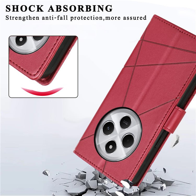 DF-06 Phone Case For Xiaomi Poco C75 4G / Redmi 14R 5G / 14C 4G Line Imprint Leather Wallet Cover - Red