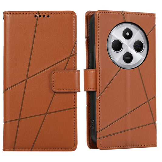DF-06 Phone Case For Xiaomi Poco C75 4G / Redmi 14R 5G / 14C 4G Line Imprint Leather Wallet Cover - Brown